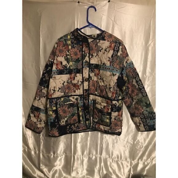 Blue Quilted Jacket Patchwork Winter Floral Grannycore Cottagecore Coat L - Picture 9 of 16